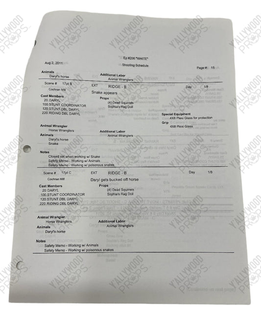 Shooting Schedule S2E6 The Walking Dead Movie Prop Y'allywood Props