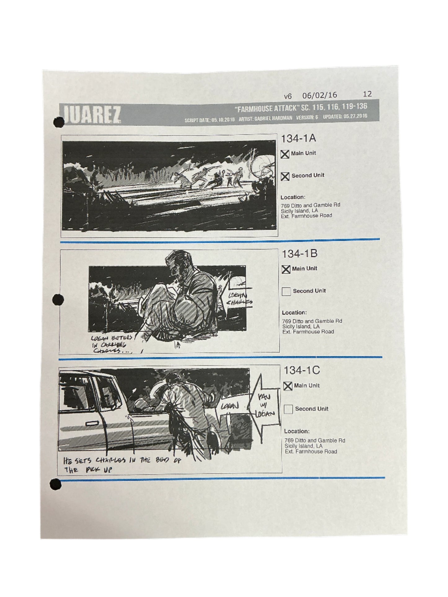 Storyboards Juarez Scene 115, 116, 119-136 Logan (2017) Memorabilia Y'allywood Props Paper 12