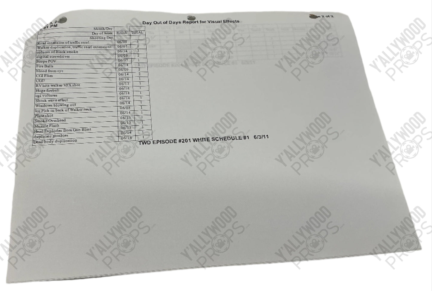 Day out of Days Report for Stunts S2E1 The Walking Dead Movie Prop Y'allywood Props