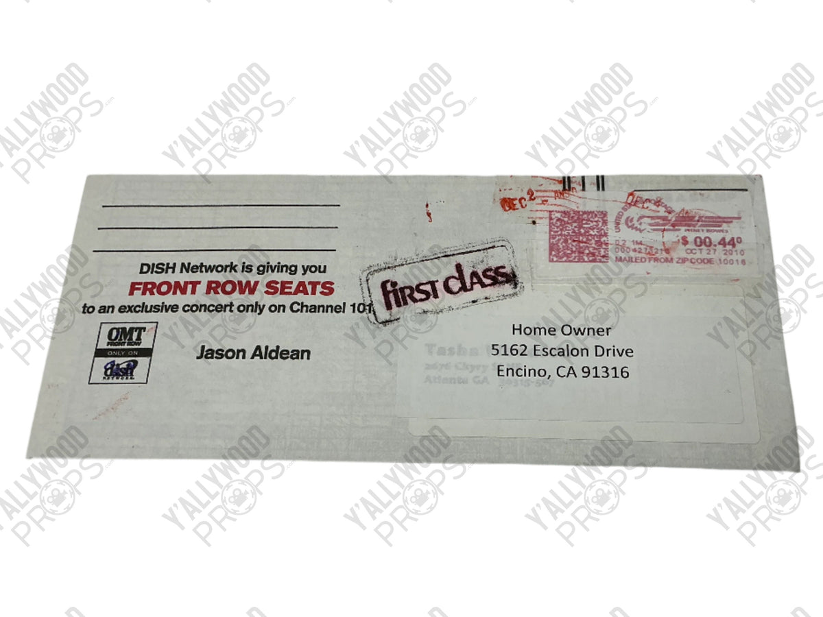 White envelope addressed to home owner in Encino, CA with DISH Network concert ticket offer and "First Class" stamp.