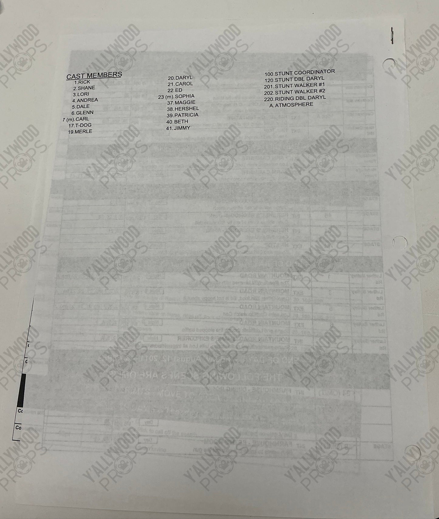 Shooting Schedule S2E6 The Walking Dead Movie Prop Y'allywood Props