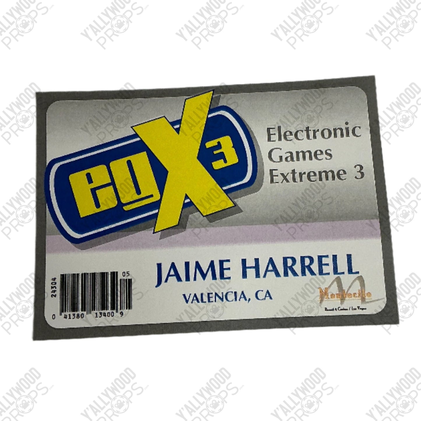 Convention badge with yellow "X3" logo, "Electronic Games Extreme 3" text, and "Jaime Harrell Valencia, CA" attendee informat