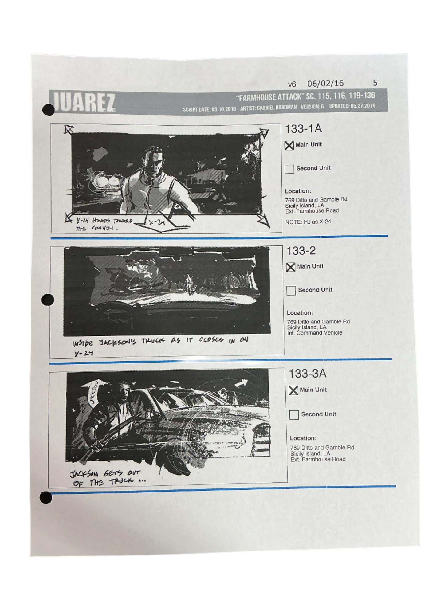 Storyboards Juarez Scene 115, 116, 119-136 Logan (2017) Memorabilia Y'allywood Props Paper 5