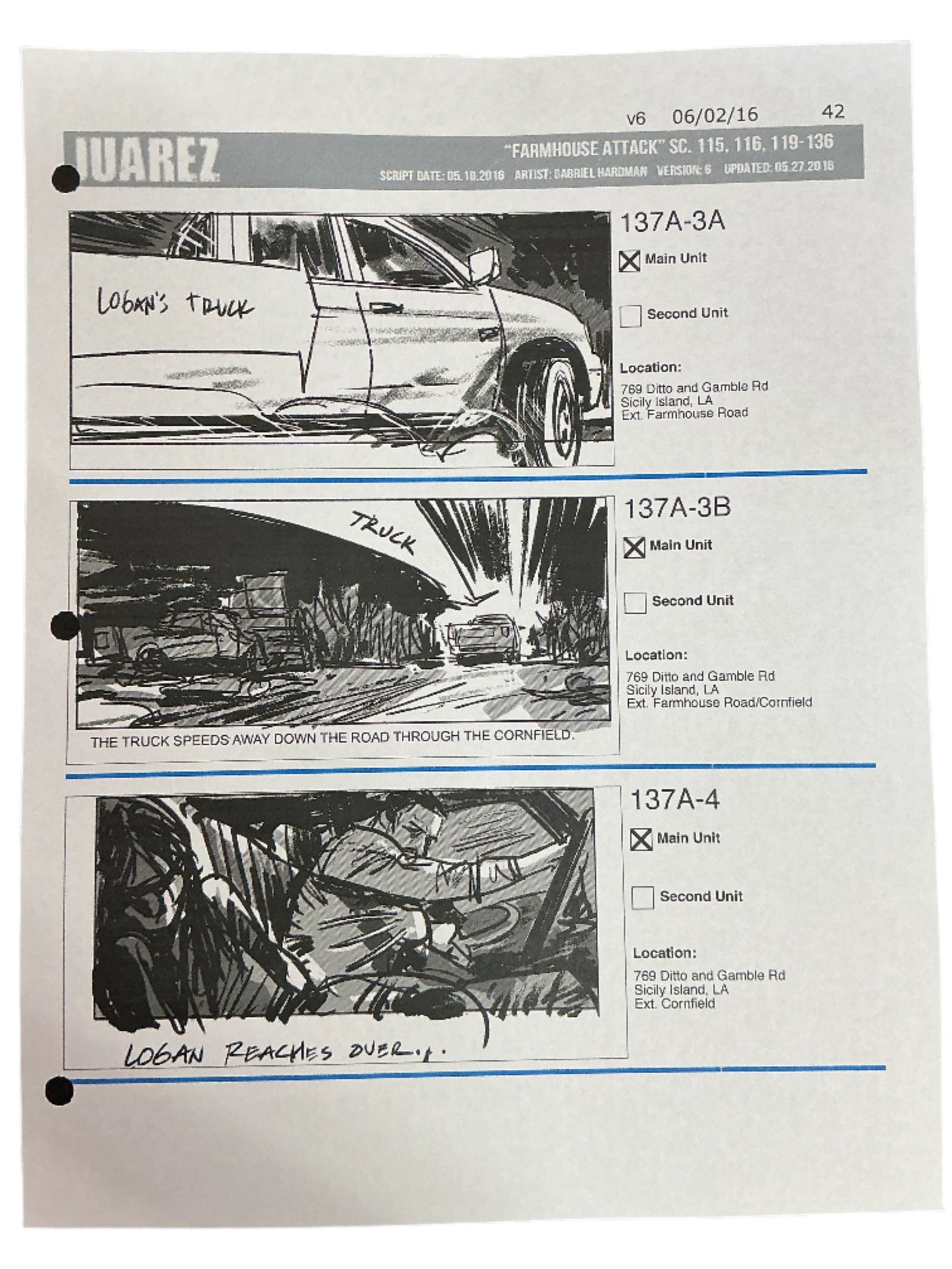 Storyboards Juarez Scene 115, 116, 119-136 Logan (2017)