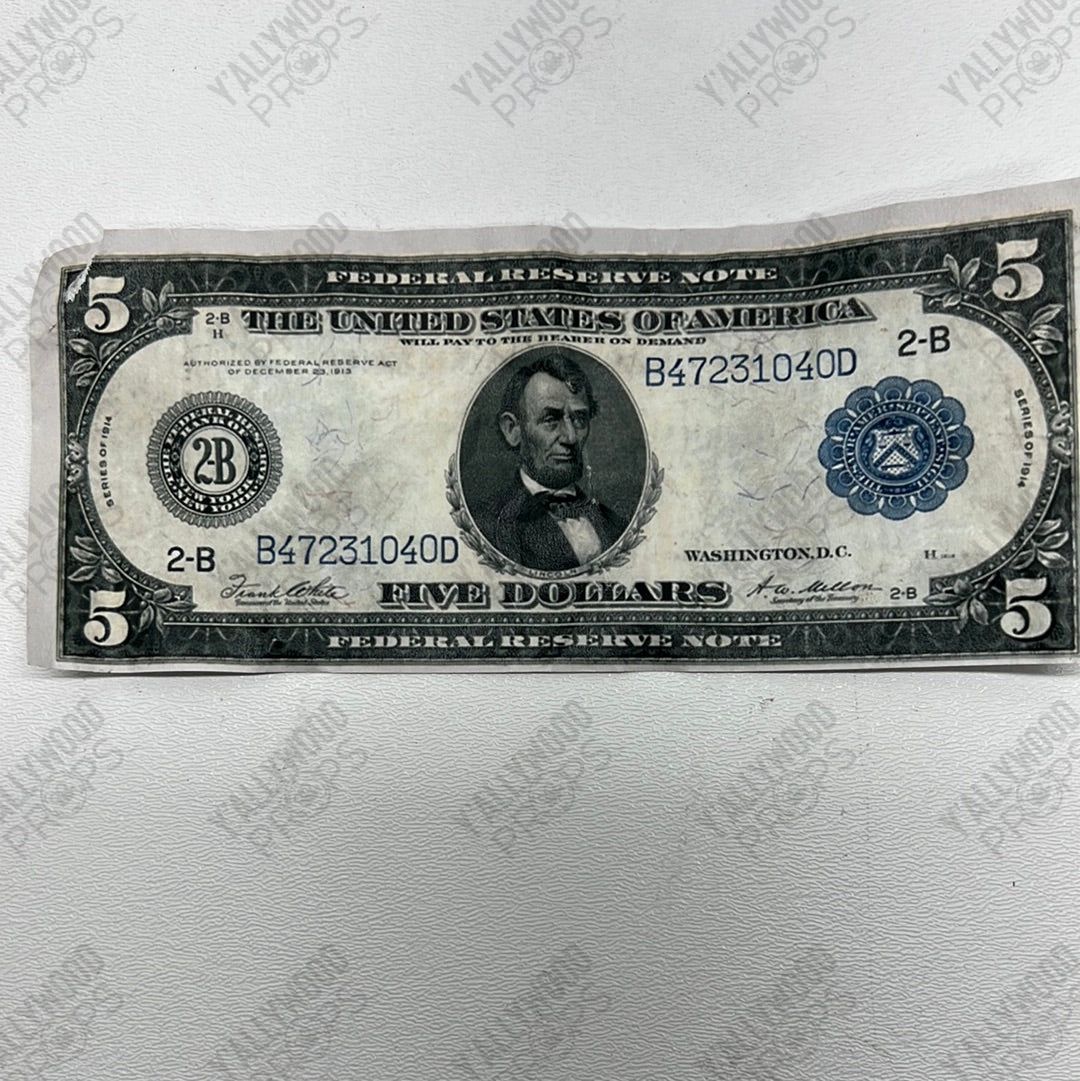 Bills from Bank Safe Explosion Killers of the Flower Moon Movie Prop Y'allywood Props A Five Dollar Bill