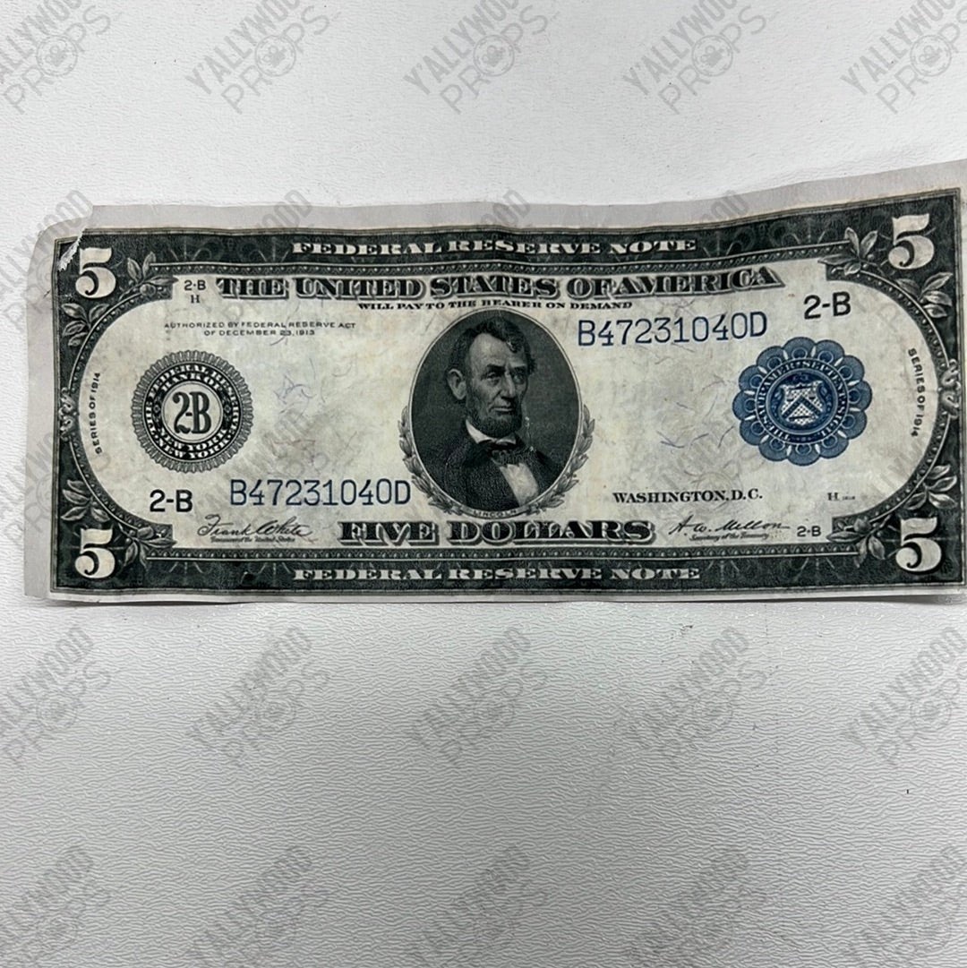 Bills from Bank Safe Explosion Killers of the Flower Moon Movie Prop Y'allywood Props A Five Dollar Bill