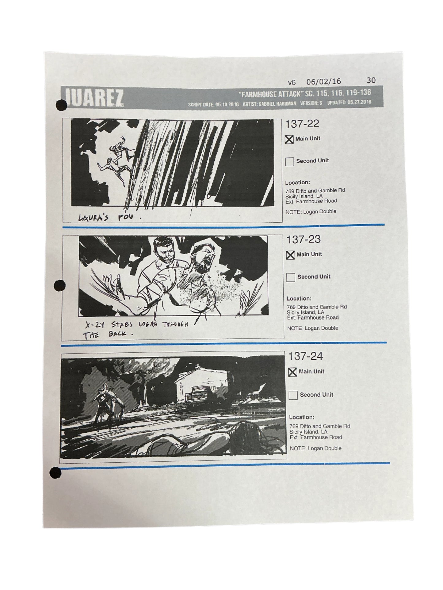 Storyboards Juarez Scene 115, 116, 119-136 Logan (2017)