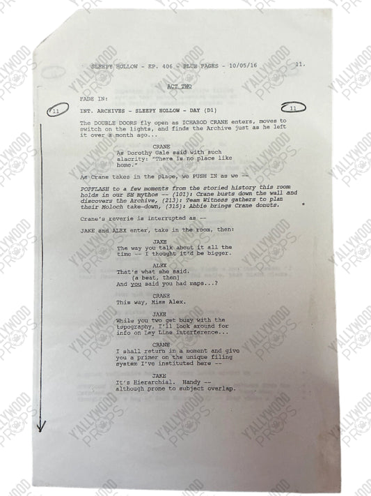 Call Sheet & Script S4E6 Sleepy Hollow (2016) Autograph Y'allywood Props