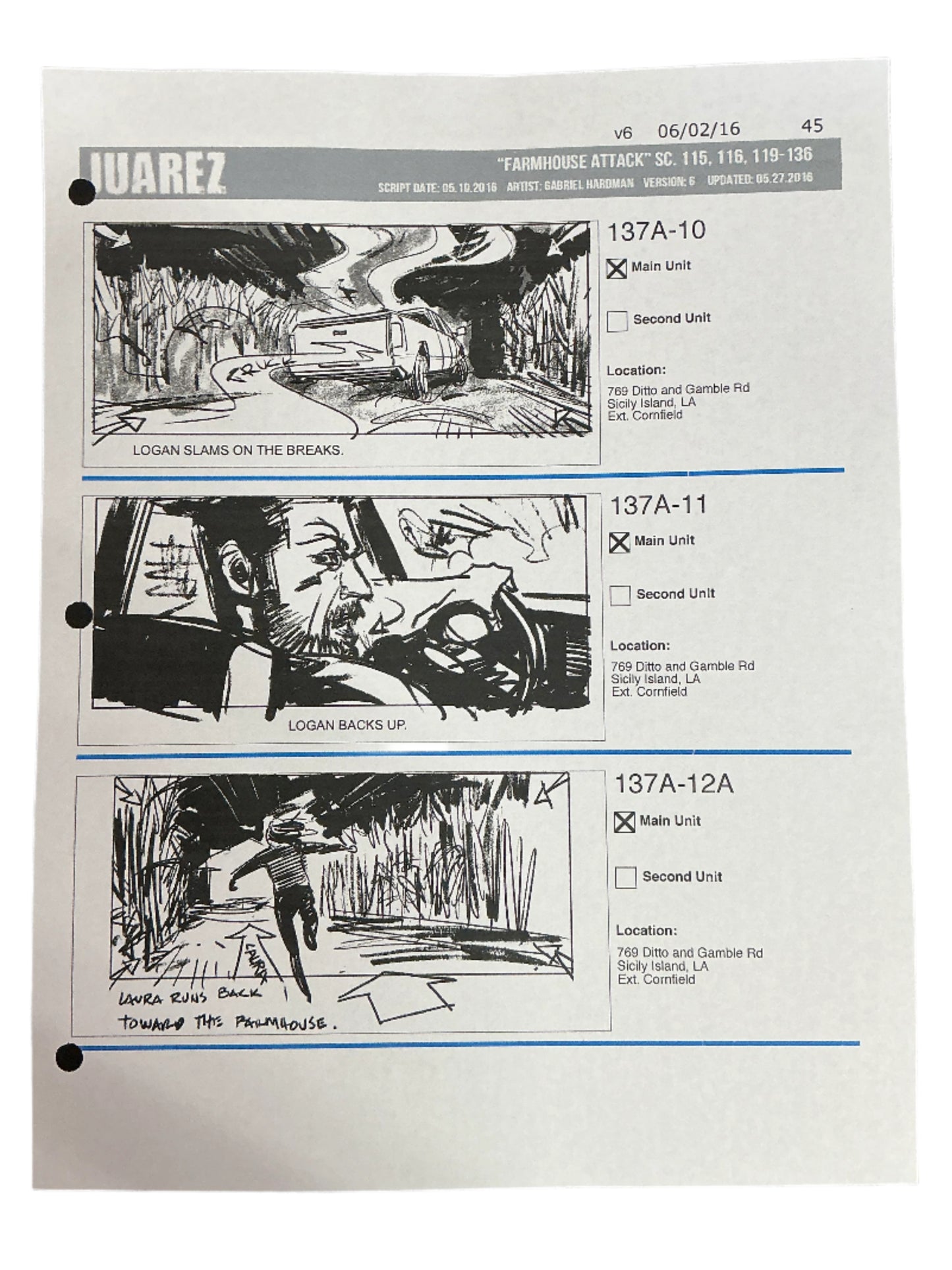 Storyboards Juarez Scene 115, 116, 119-136 Logan (2017)