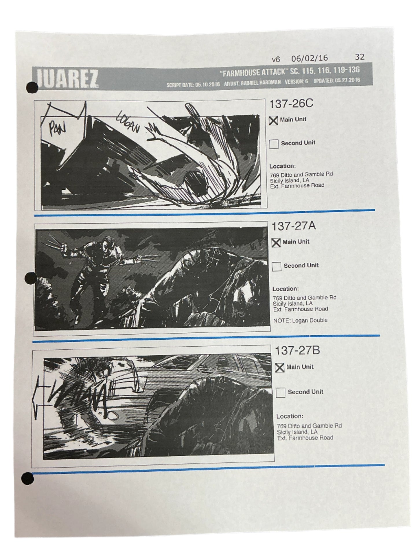 Storyboards Juarez Scene 115, 116, 119-136 Logan (2017)