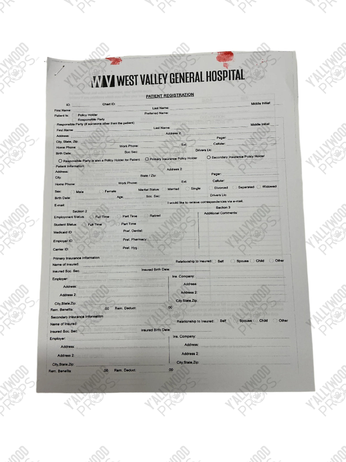 Johnny's Bloody Hospital Form Cobra Kai (2018-2025) Movie Prop Y'allywood Props Production Used Patient Release Form