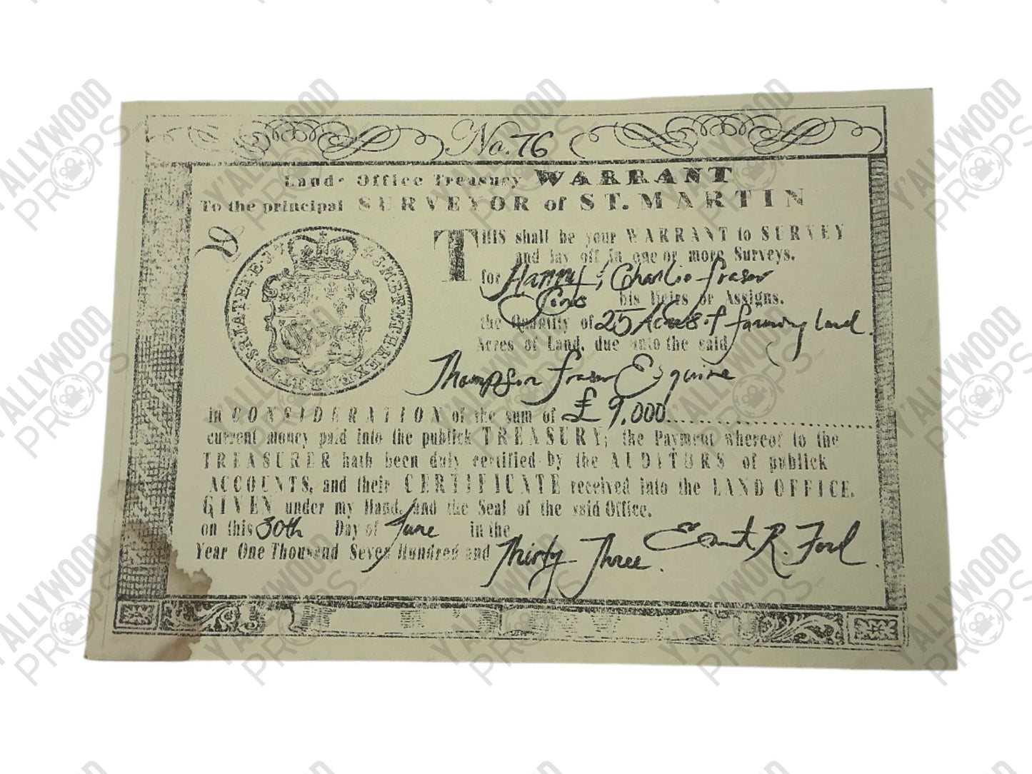 St. Martin Land Warrant Pirates of the Caribbean: Dead Men Tell No Tales (2017) Movie Prop Y'allywood Props No 76