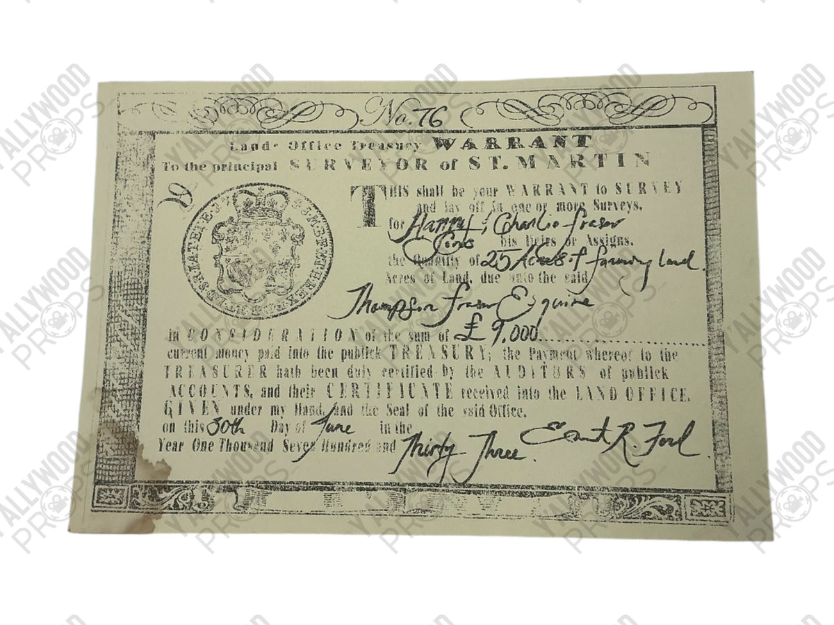 St. Martin Land Warrant Pirates of the Caribbean: Dead Men Tell No Tales (2017) Movie Prop Y'allywood Props No 76