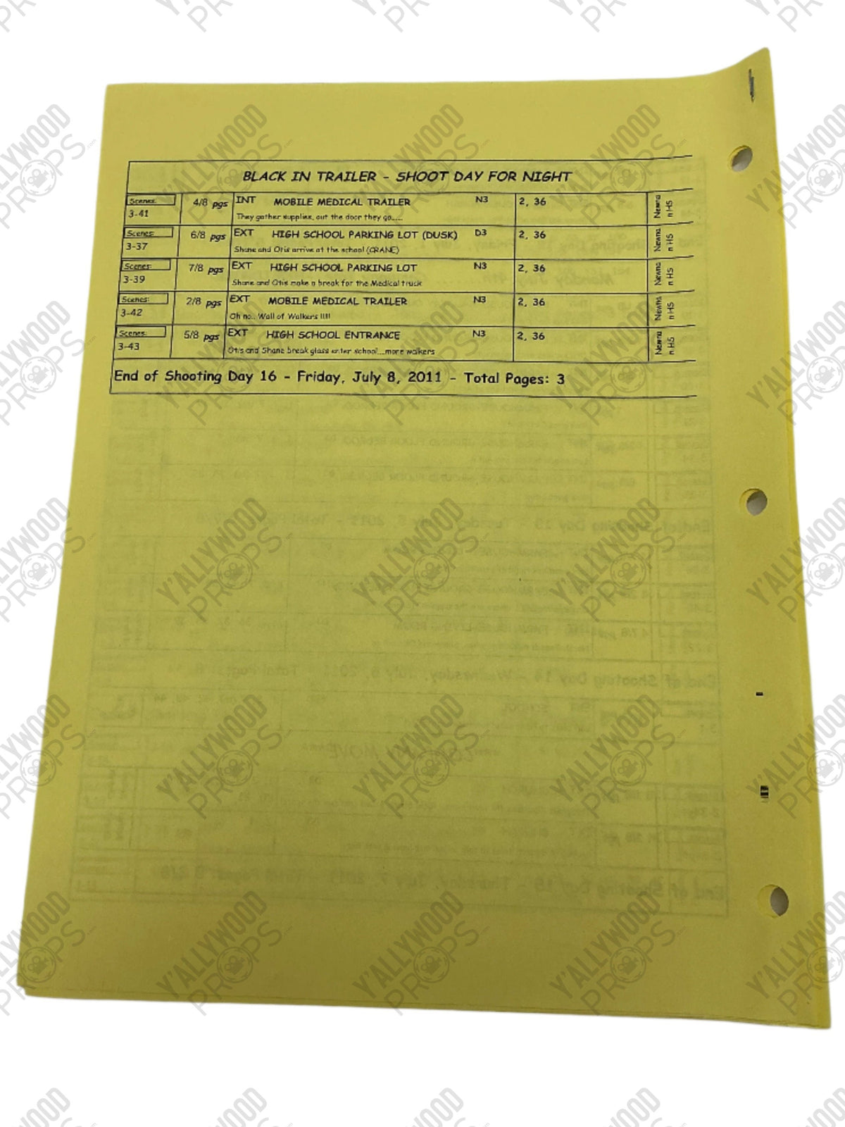 Yellow Sheet Oneliner S2E2&3 The Walking Dead Movie Prop Y'allywood Props