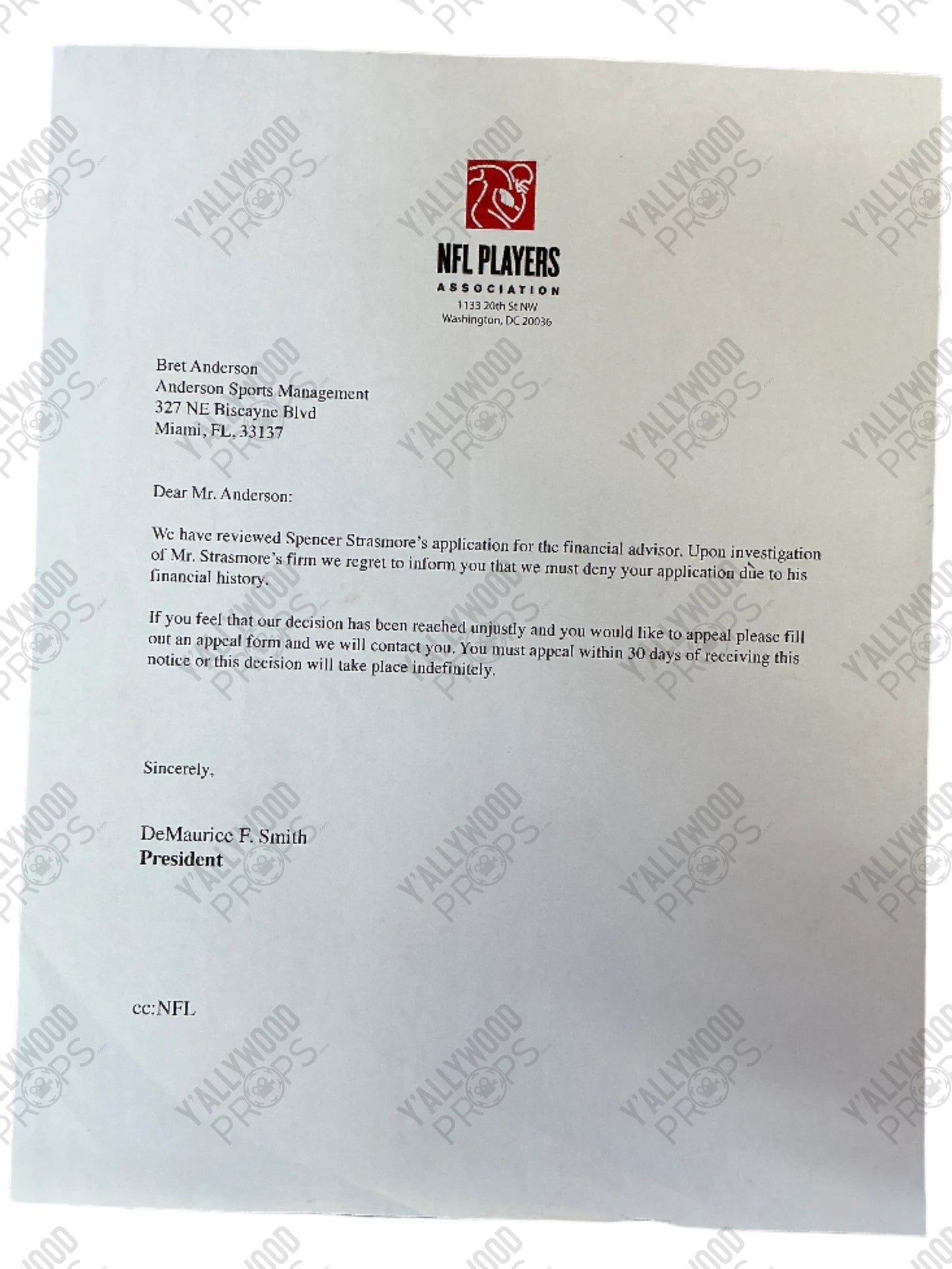 Spencer's NFL Rejection Letter Ballers (2015-2019) Movie Prop Y'allywood Props