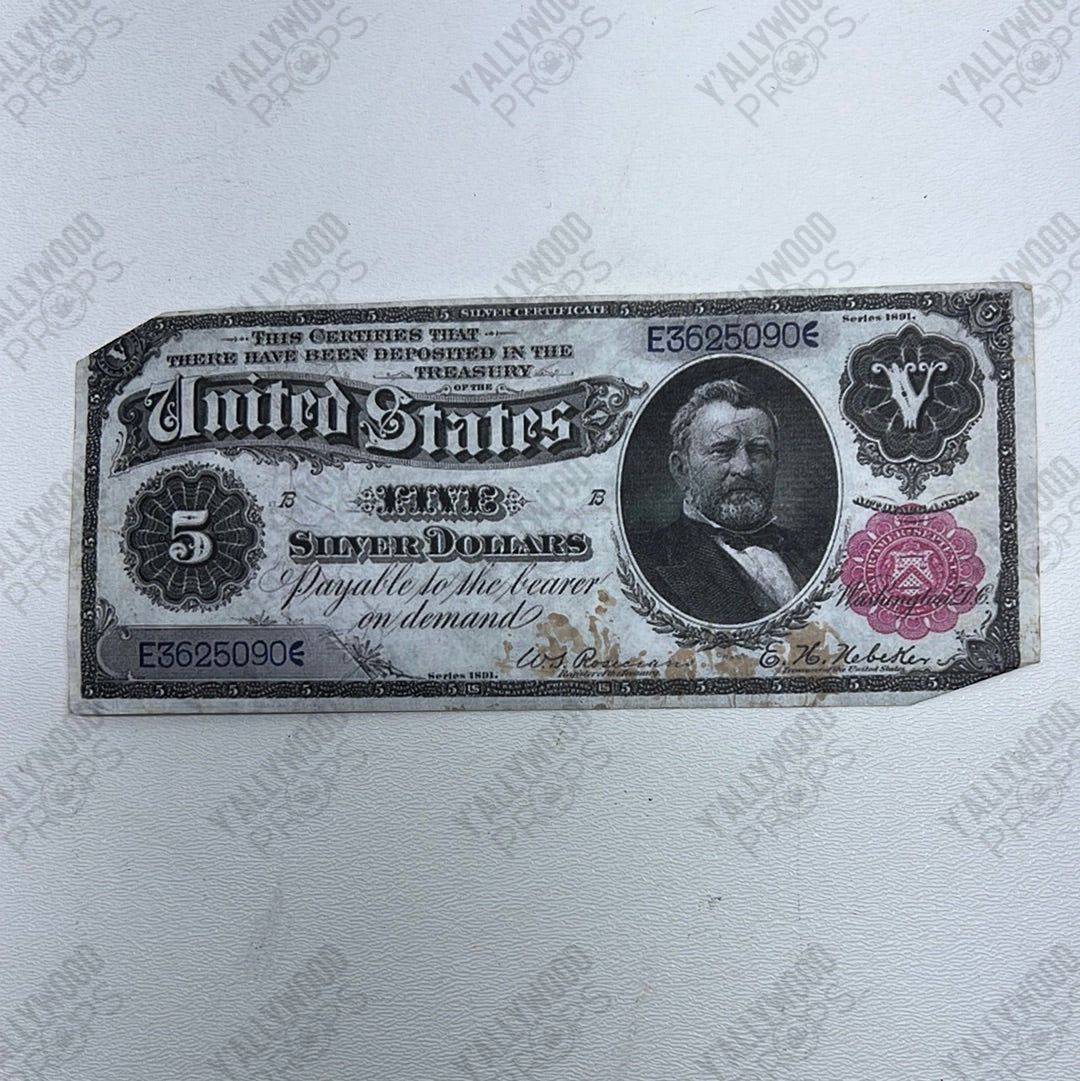 Bills from Bank Safe Explosion Killers of the Flower Moon Movie Prop Y'allywood Props A 5 Silver Dollar Certificate