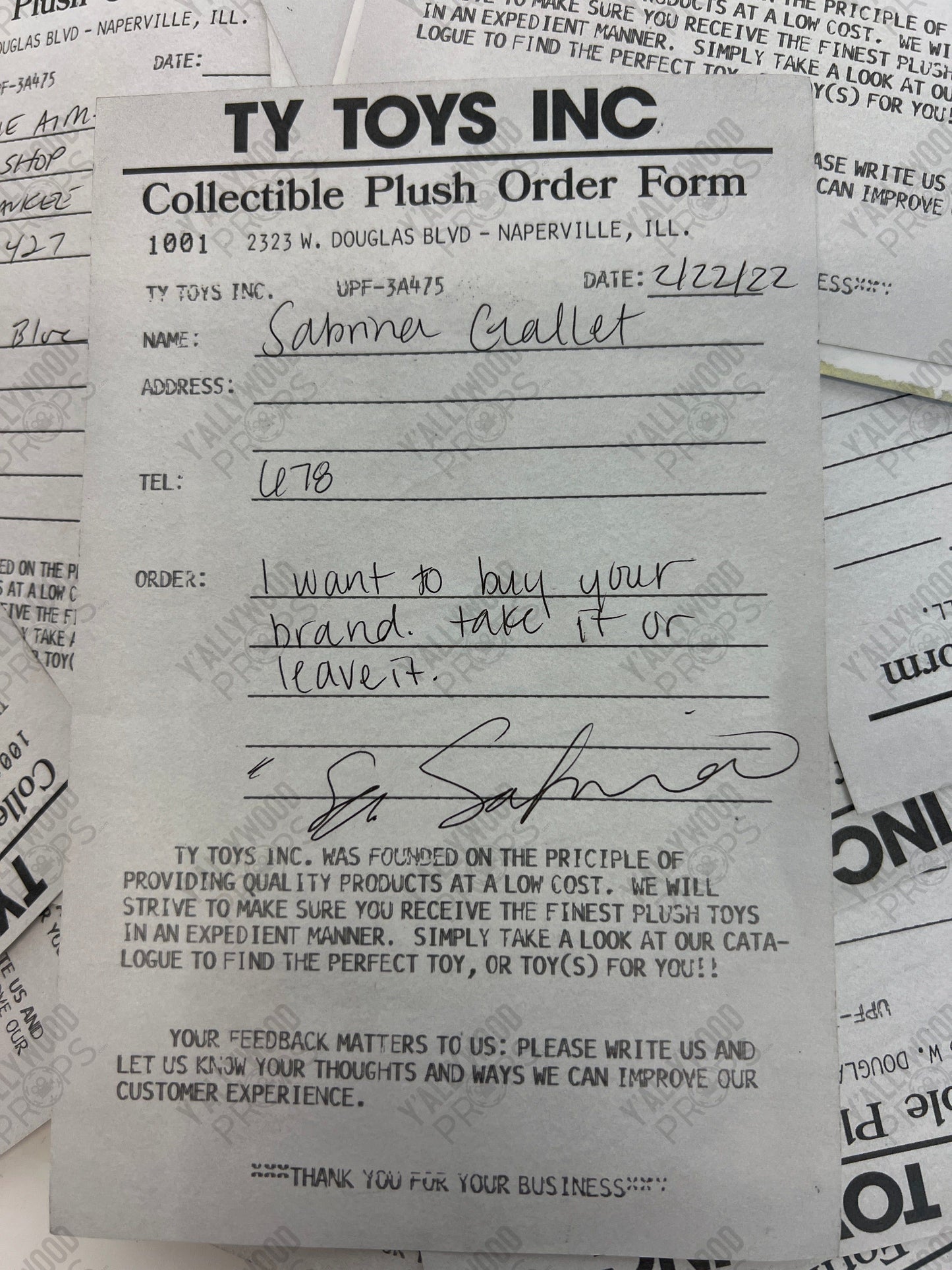 TY Order Trade Show Order Form The Beanie Bubble Movie Prop Y'allywood Props Written On