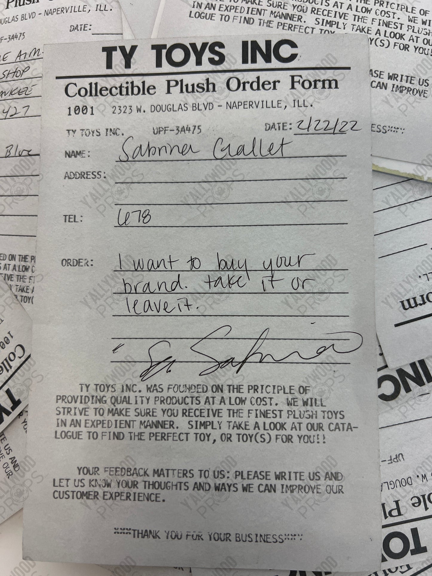 TY Order Trade Show Order Form The Beanie Bubble Movie Prop Y'allywood Props Written On