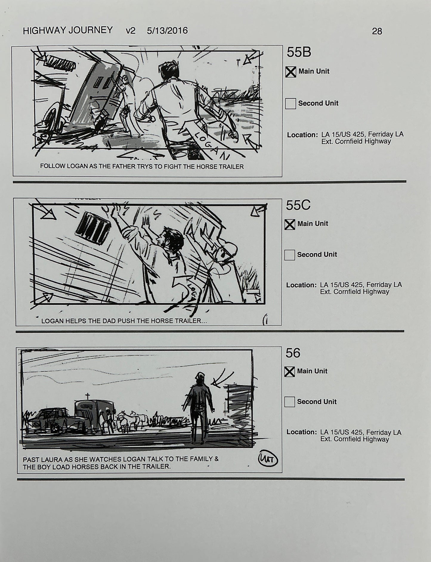 Three pencil sketch storyboard panels depicting a highway scene with figures, vehicles, and a horse trailer.