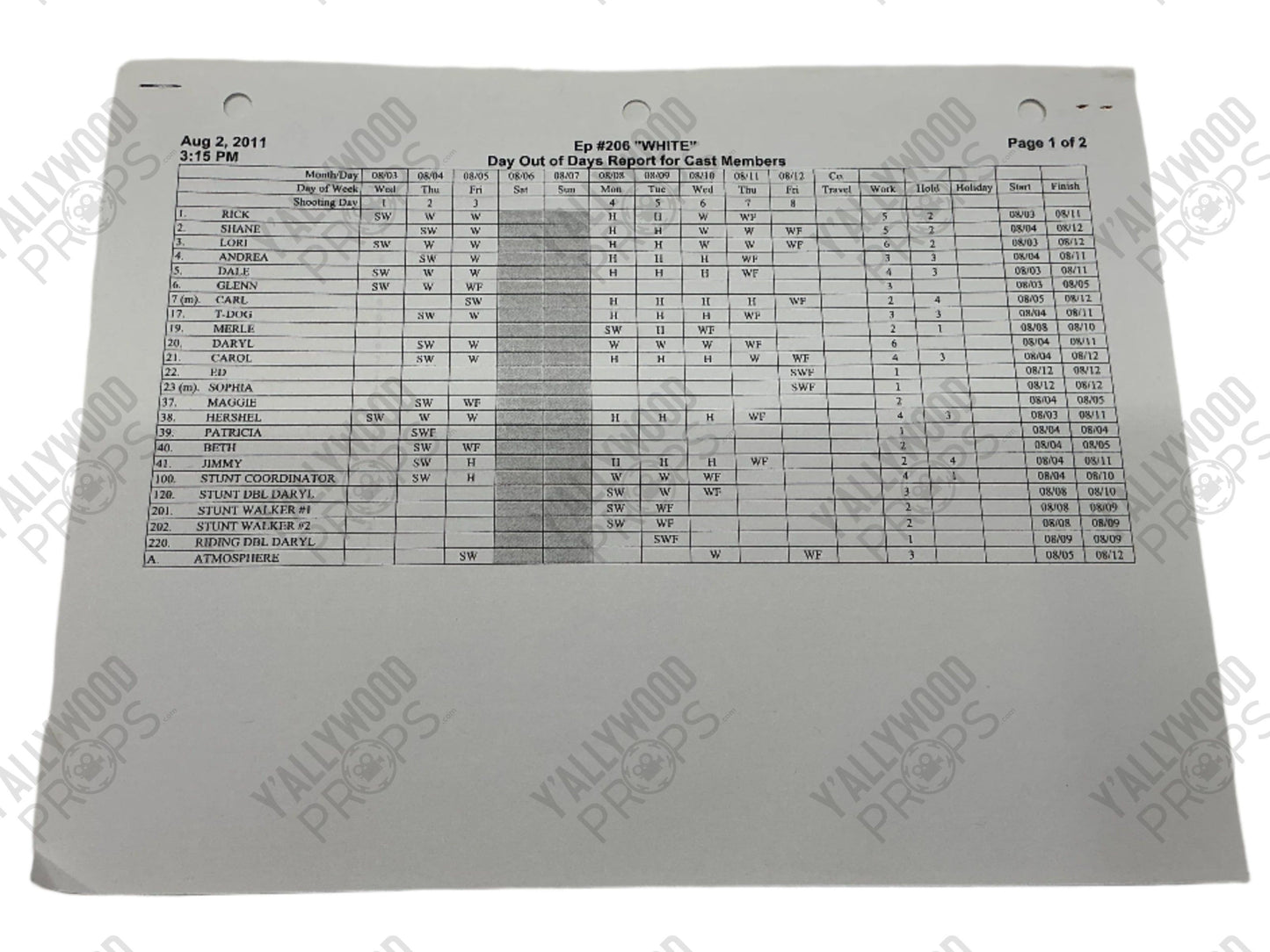 Day out of Days Report S2E6 The Walking Dead Movie Prop Y'allywood Props
