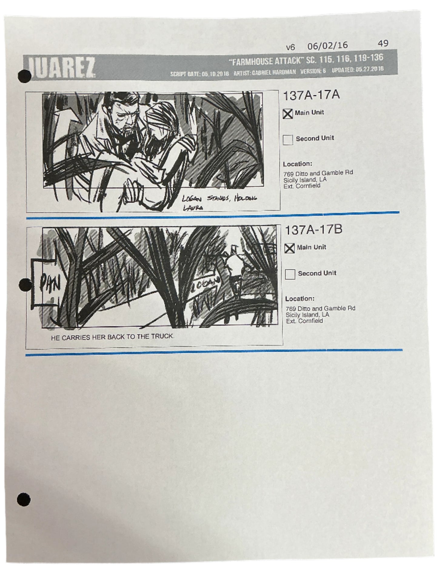 Storyboards Juarez Scene 115, 116, 119-136 Logan (2017)
