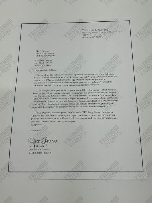 Sam's Study Abroad Letter S6E14 Cobra Kai Movie Prop Y'allywood Props White Letter w/ black border smaller font