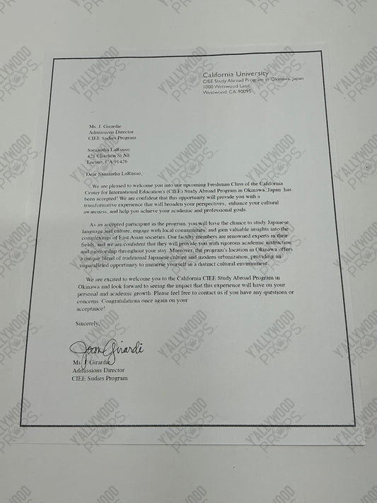 Sam's Study Abroad Letter S6E14 Cobra Kai Movie Prop Y'allywood Props White Letter w/ black border smaller font