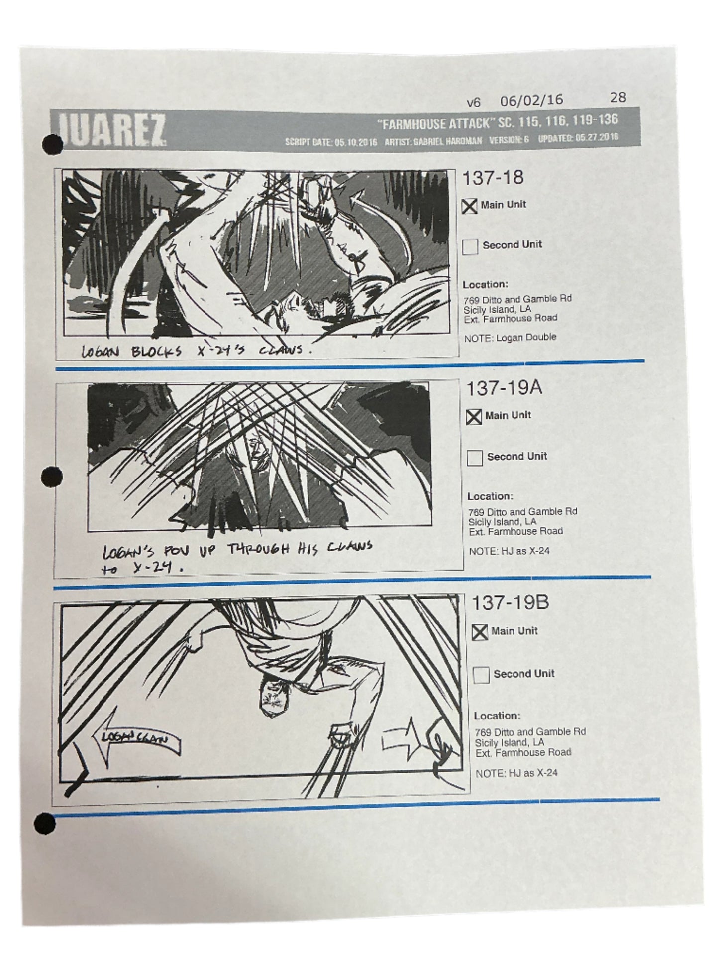 Storyboards Juarez Scene 115, 116, 119-136 Logan (2017)