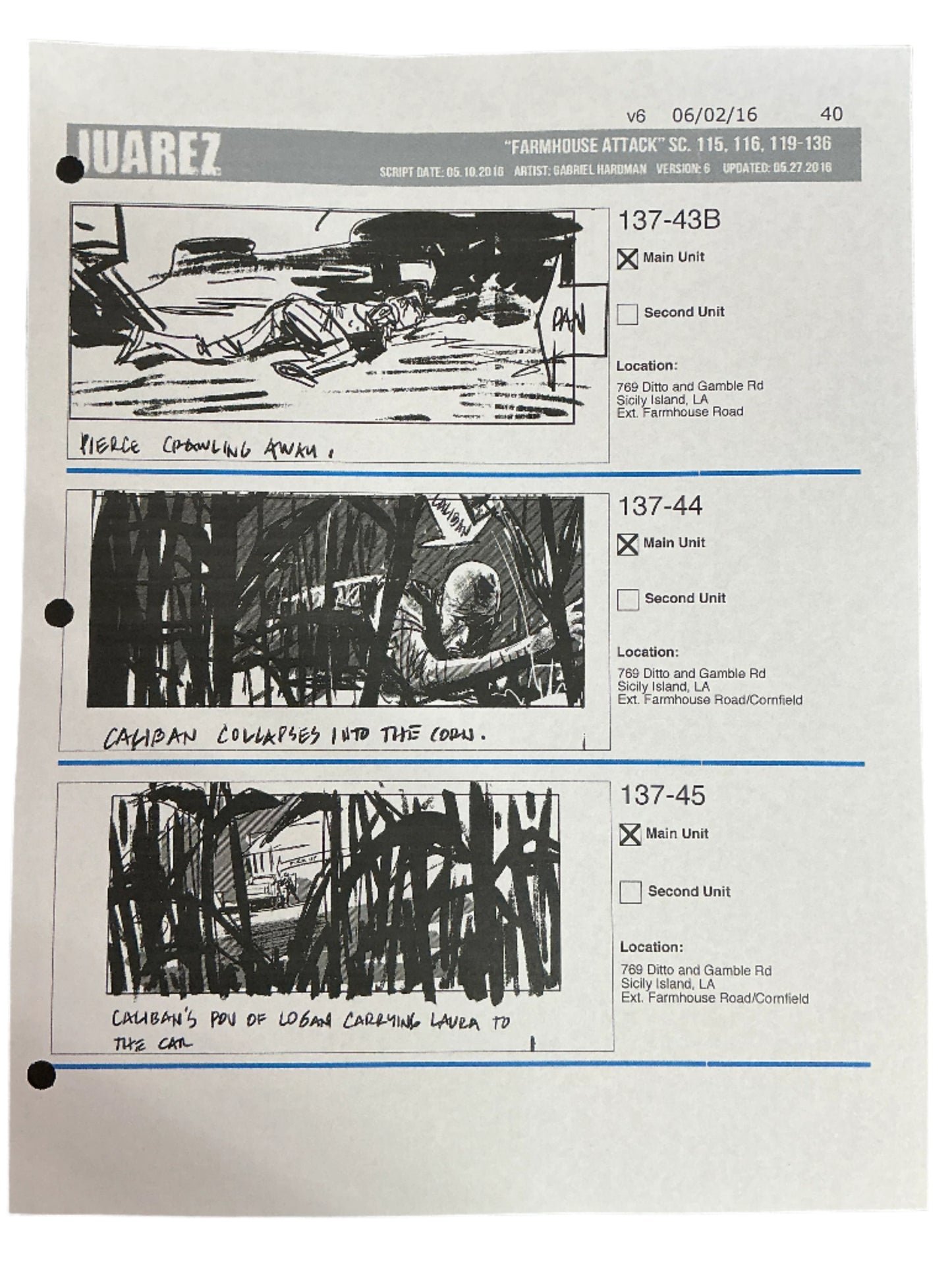 Storyboards Juarez Scene 115, 116, 119-136 Logan (2017)