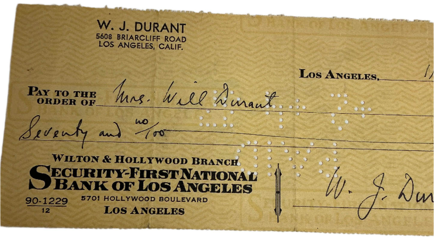 Will Durant Hand Signed Personal Check Autograph Y'allywood Props
