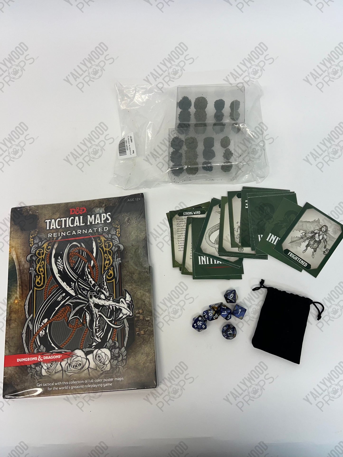 Stingray's D&D Game Set-up S5E9 Cobra Kai Movie Prop Y'allywood Props Tactical Maps - Bushes/Trees - Spell Cards - Dice