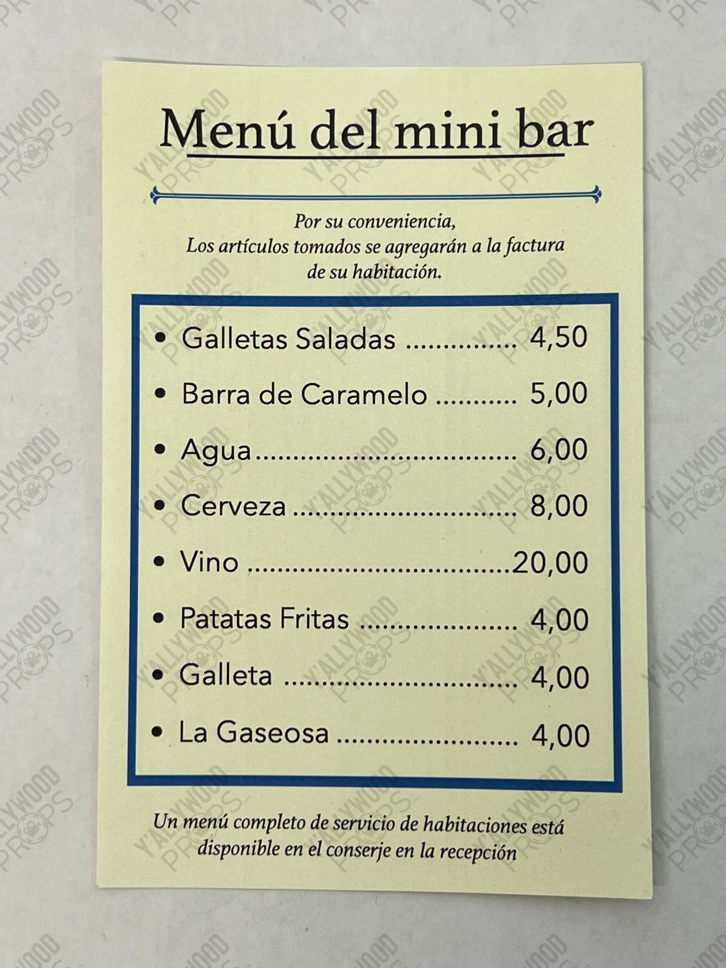 Johnny's Mini Bar Menu (Back-up) S6E6 Cobra Kai Movie Prop Y'allywood Props