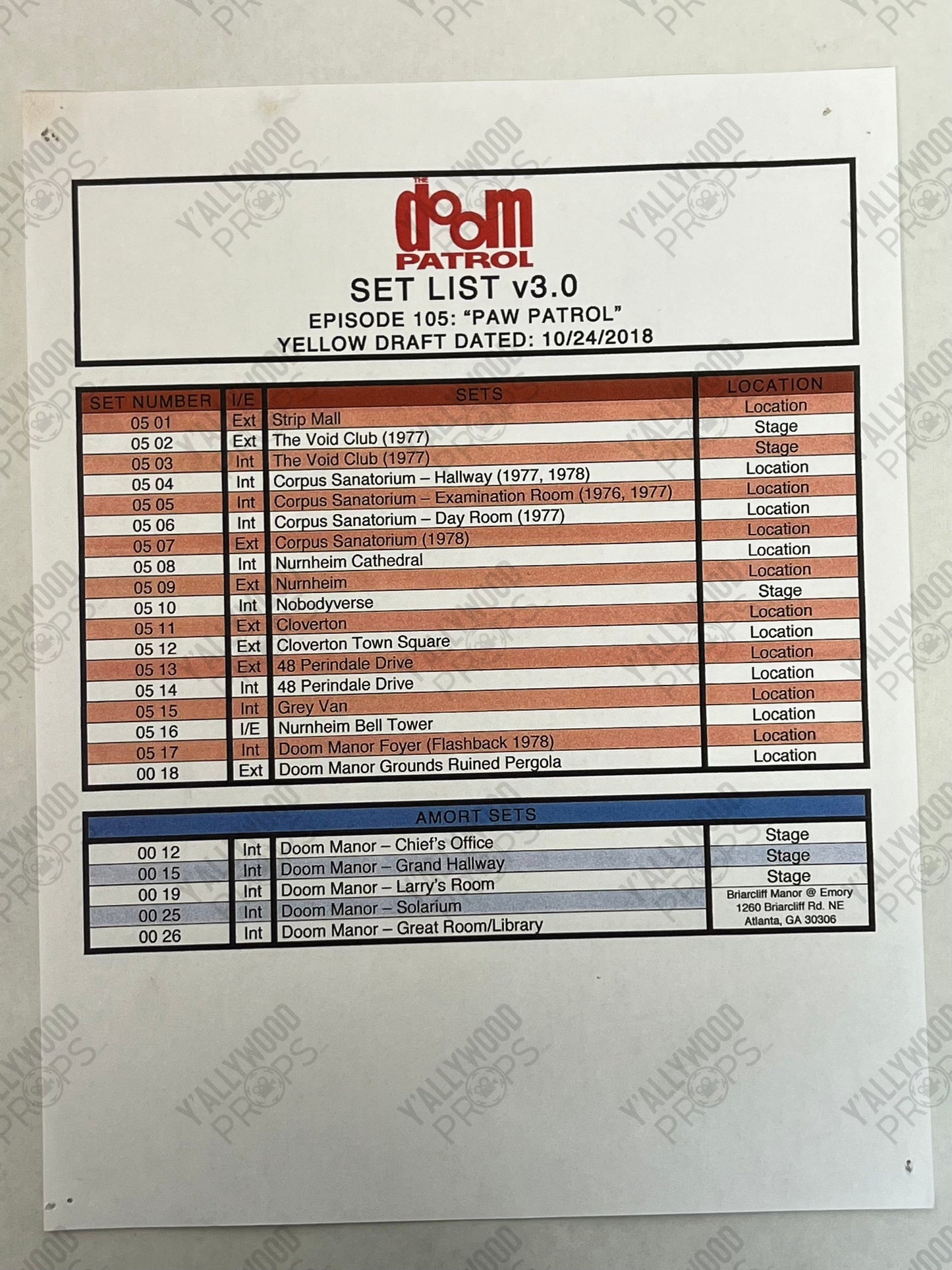 Set Lists Doom Patrol Season 1 Movie Prop Y'allywood Props Episode 5