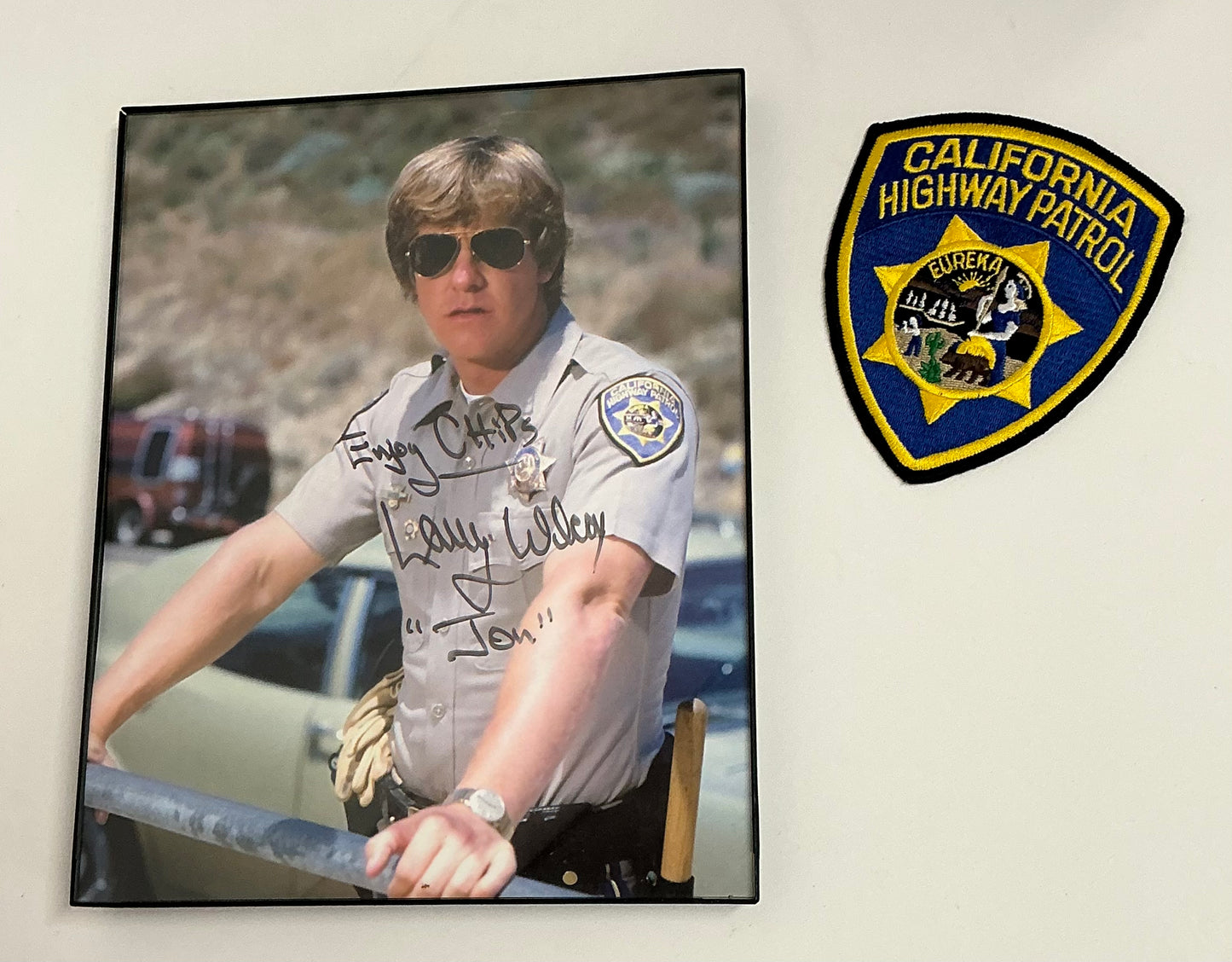 Larry Wilcox Signed Photo & Patch 8"x10" CHiPs Autograph Y'allywood Props