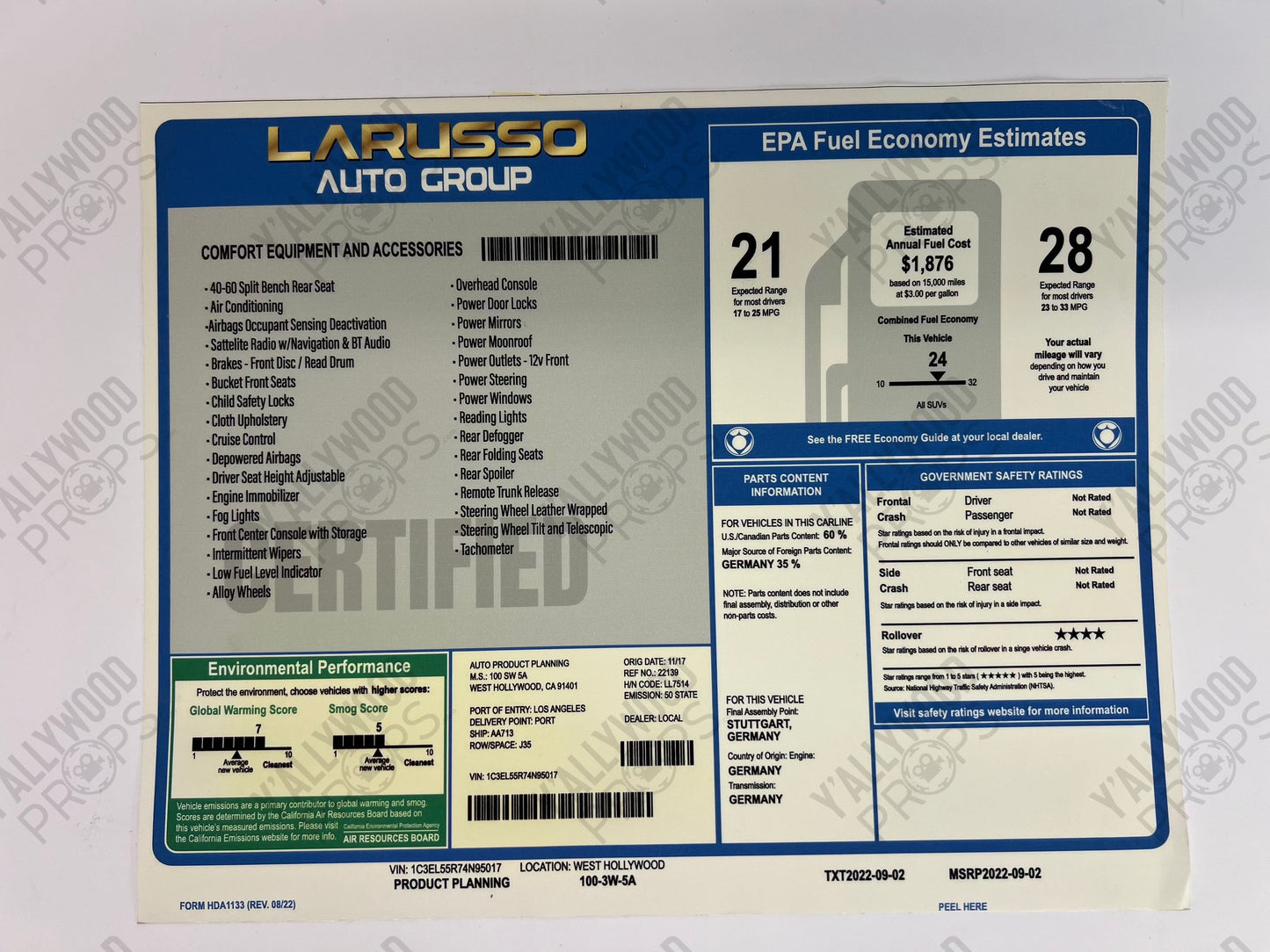 LaRusso Auto Group Car Sticker Cobra Kai Movie Prop Y'allywood Props LaRusso Auto Group