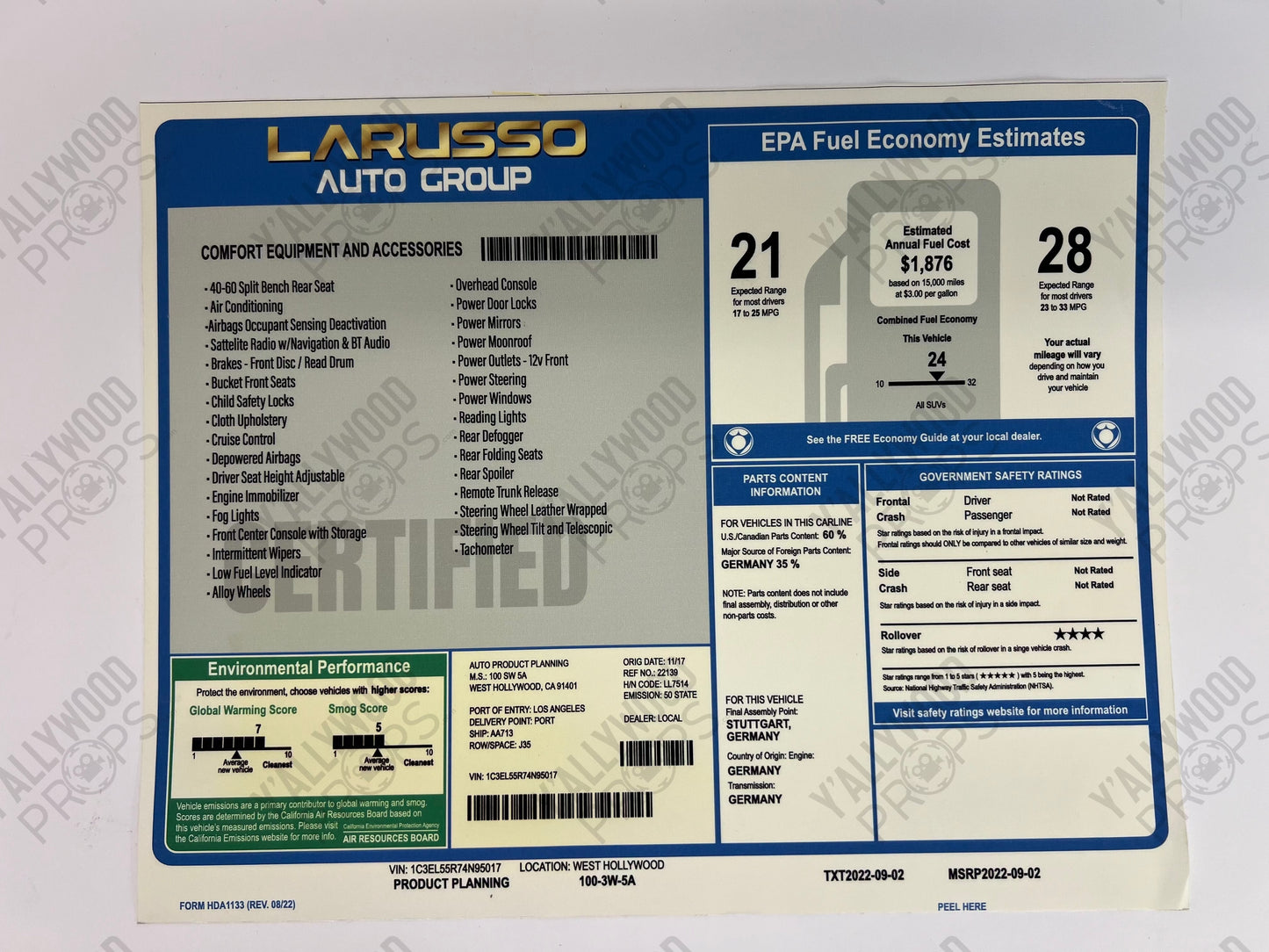 LaRusso Auto Group Car Sticker Cobra Kai Movie Prop Y'allywood Props LaRusso Auto Group