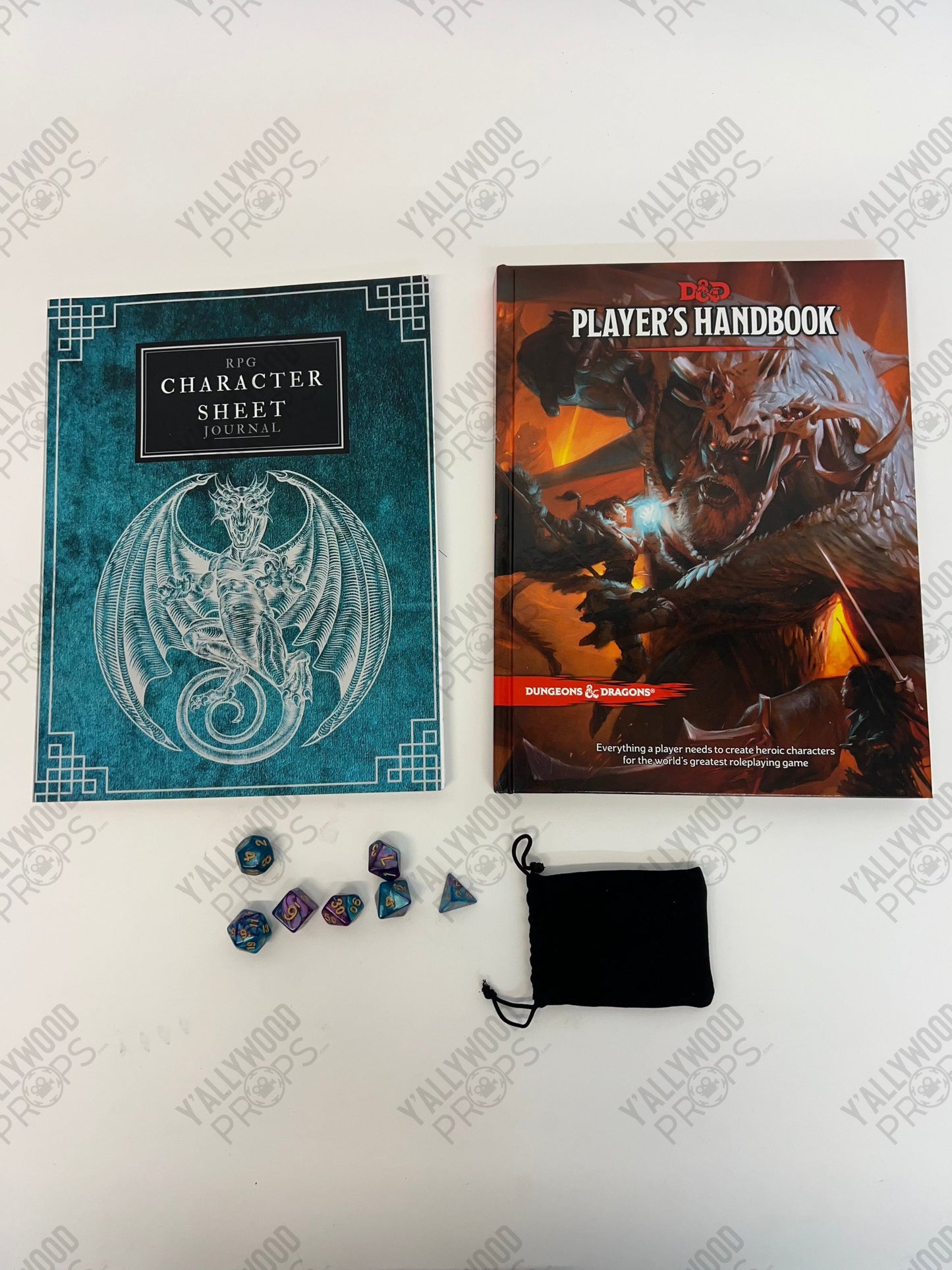 Stingray's D&D Game Set-up S5E9 Cobra Kai Movie Prop Y'allywood Props Character Sheet Journal - Player's Handbook - Dice