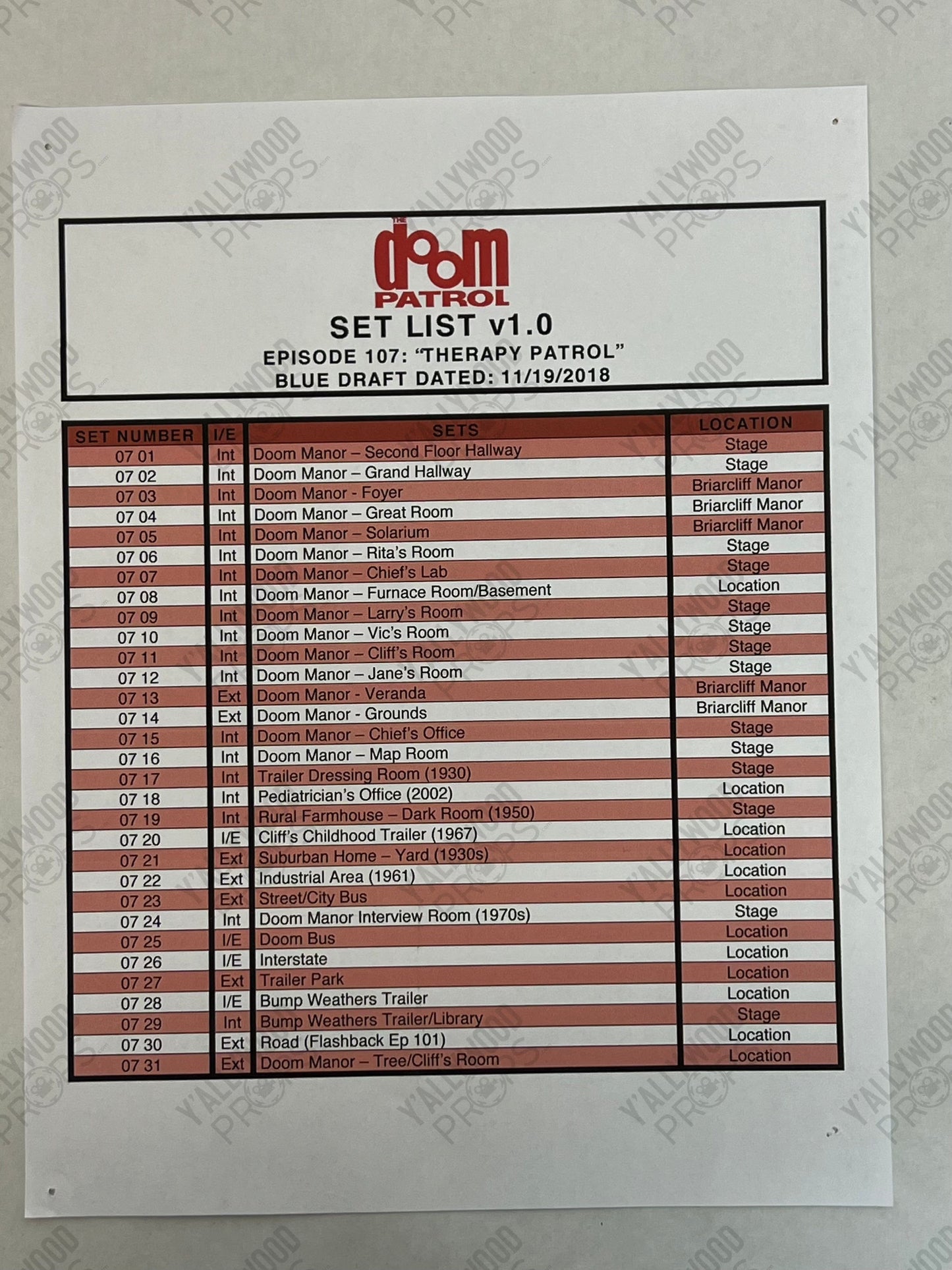 Set Lists Doom Patrol Season 1 Movie Prop Y'allywood Props Episode 8