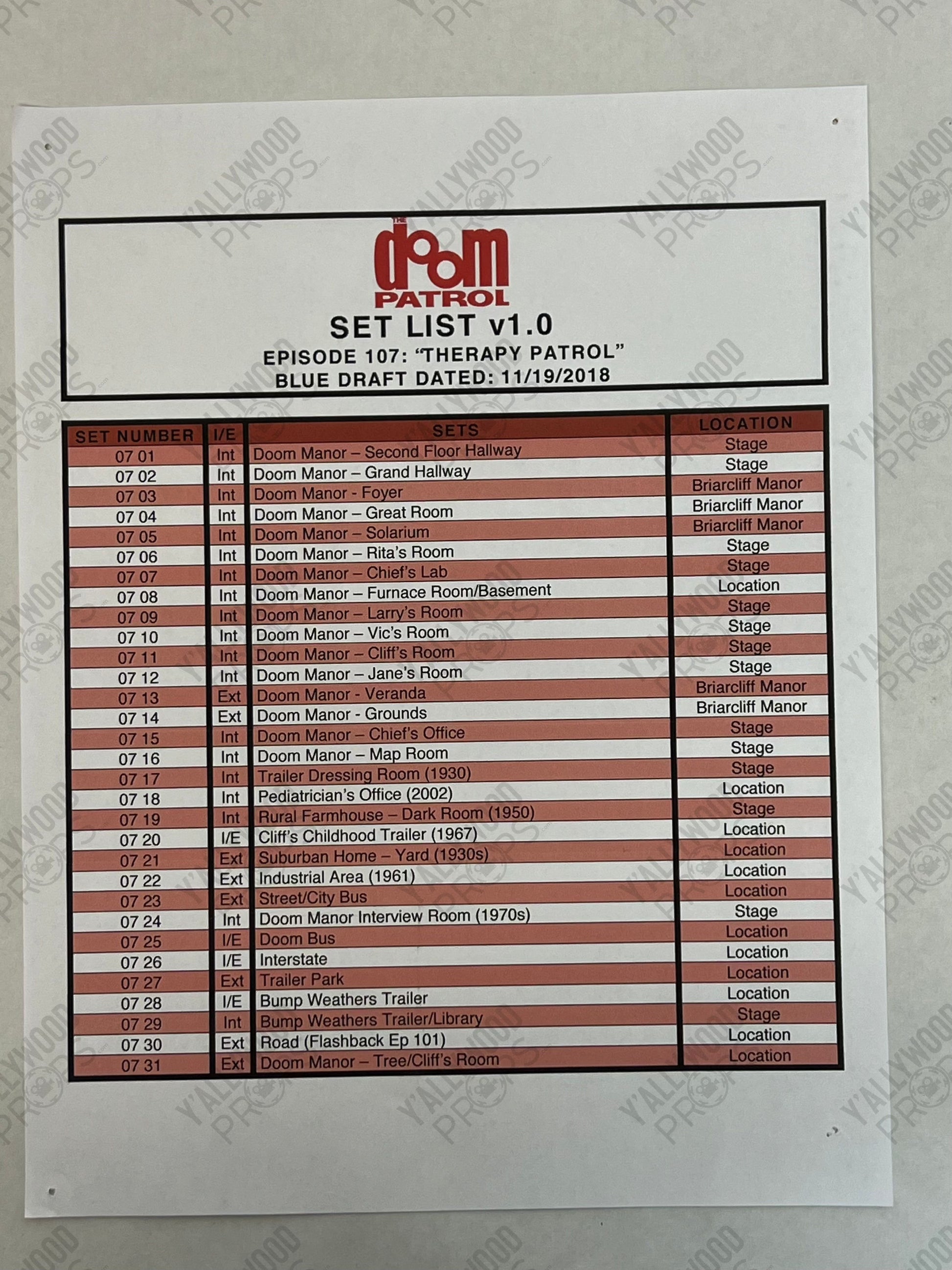 Set Lists Doom Patrol Season 1 Movie Prop Y'allywood Props Episode 8