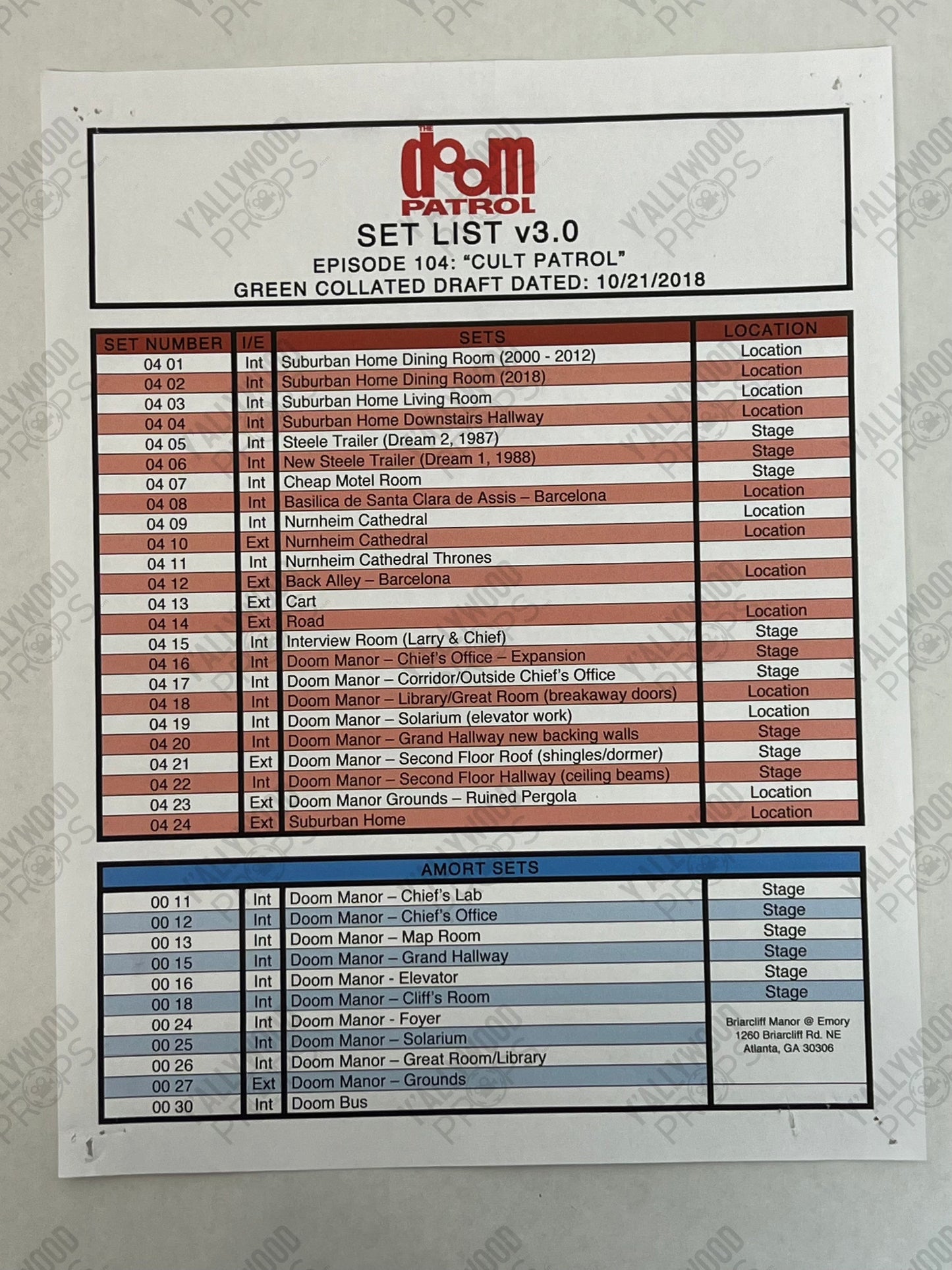 Set Lists Doom Patrol Season 1 Movie Prop Y'allywood Props Episode 4