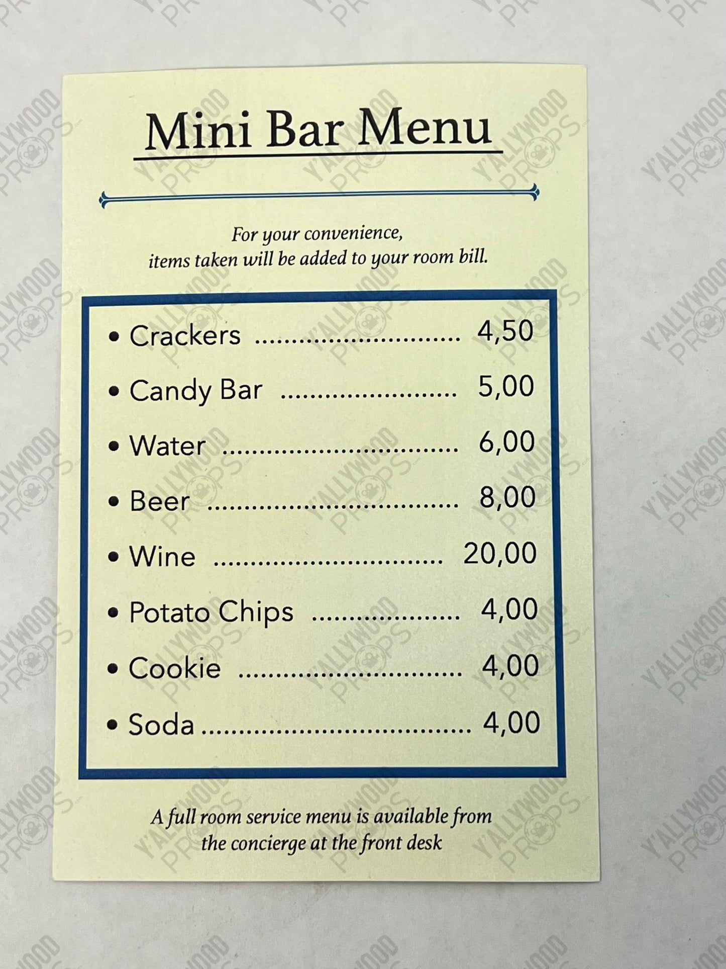 Johnny's Mini Bar Menu (Back-up) S6E6 Cobra Kai Movie Prop Y'allywood Props