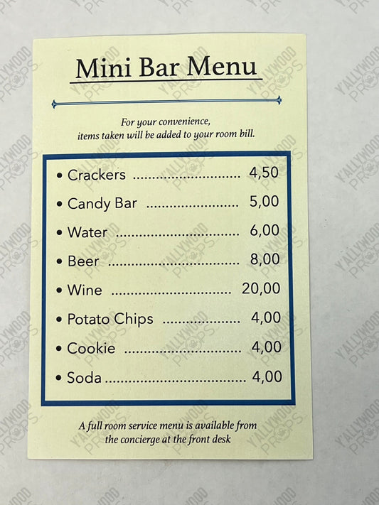 Johnny's Mini Bar Menu (Back-up) S6E6 Cobra Kai Movie Prop Y'allywood Props
