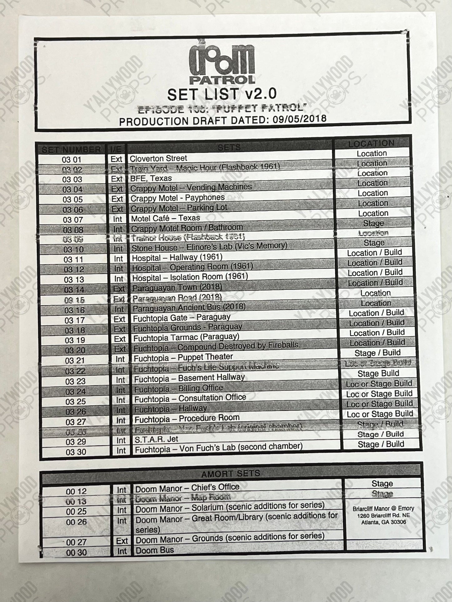 Set Lists Doom Patrol Season 1 Movie Prop Y'allywood Props Episode 3
