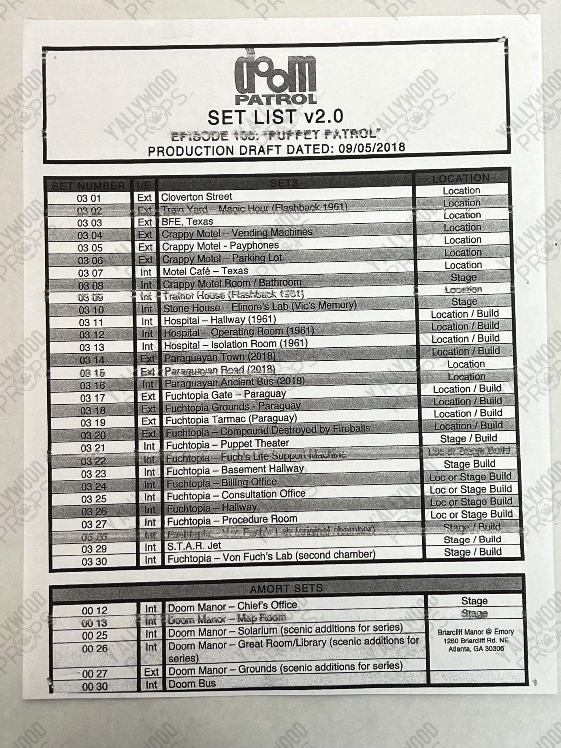 Set Lists Doom Patrol Season 1 Movie Prop Y'allywood Props Episode 3