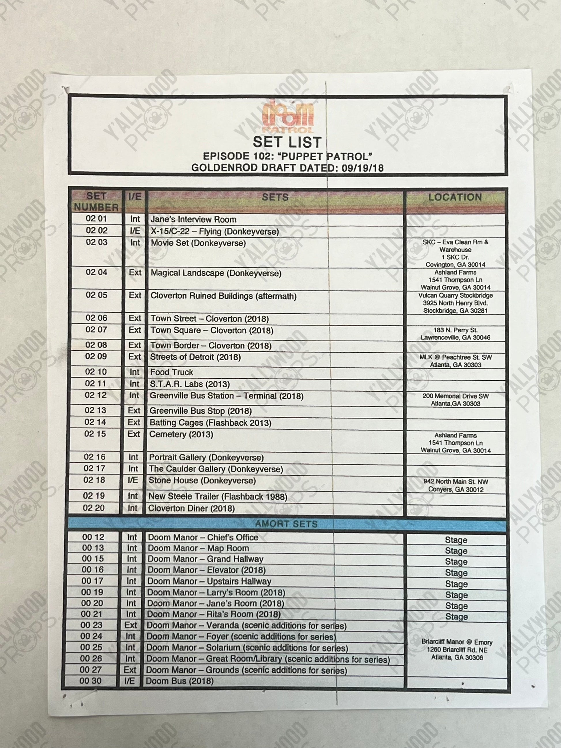 Set Lists Doom Patrol Season 1 Movie Prop Y'allywood Props Episode 2