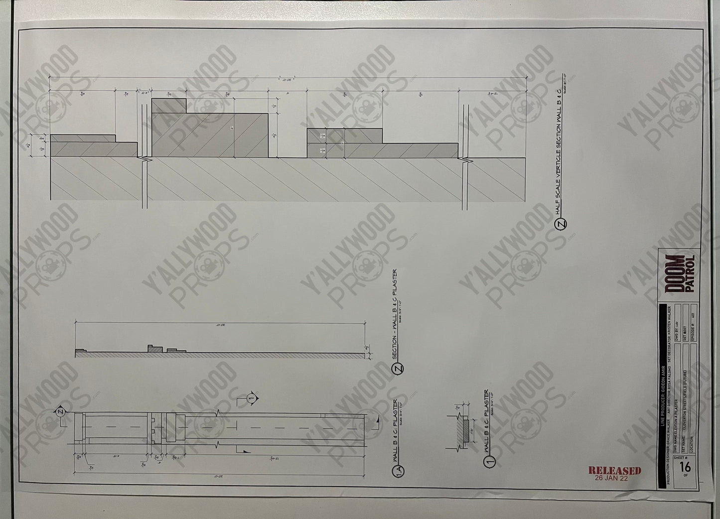 Future Cloverton Blueprints S4 Doom Patrol Movie Prop Y'allywood Props Elevation B Pilasters