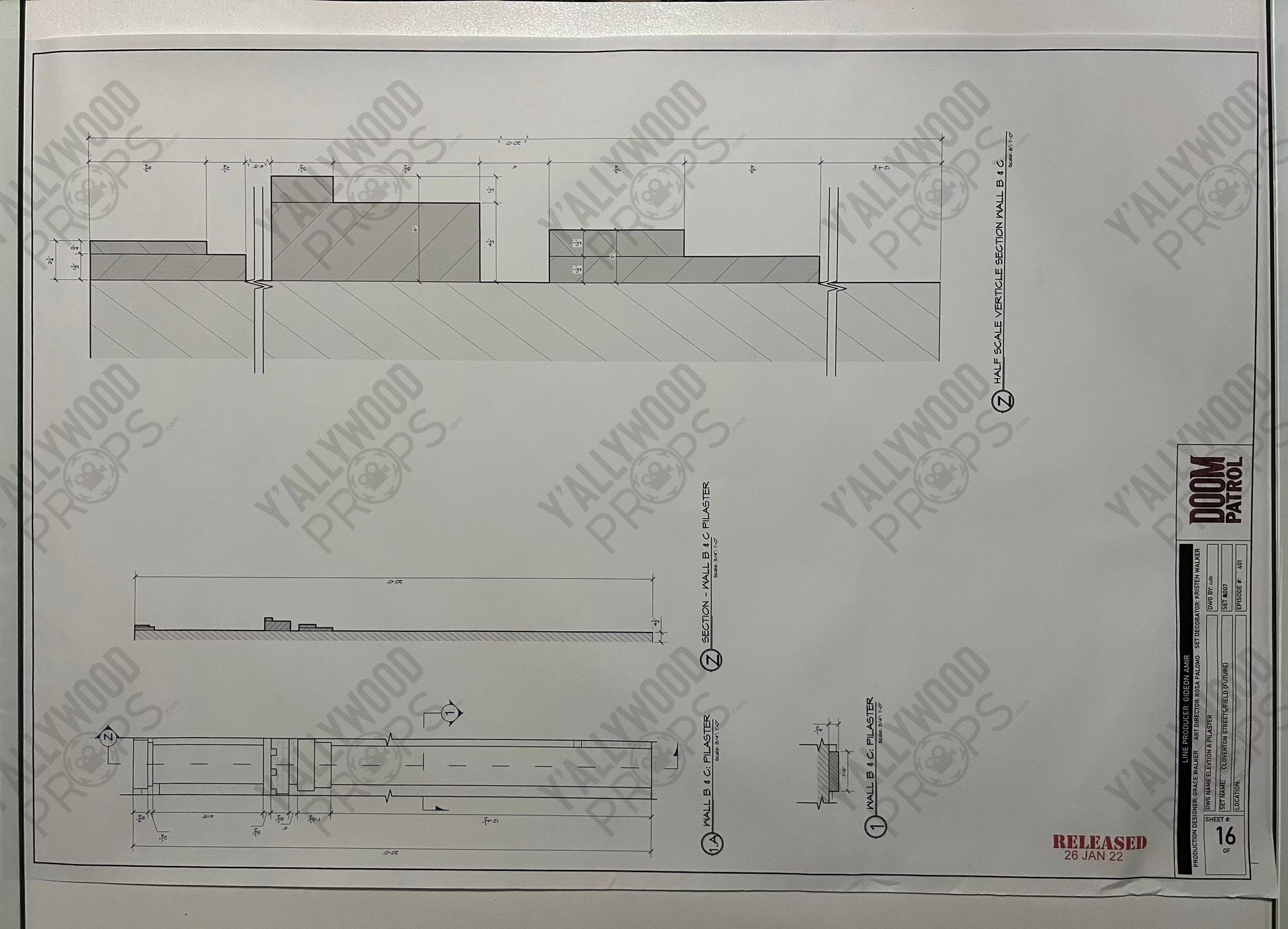 Future Cloverton Blueprints S4 Doom Patrol Movie Prop Y'allywood Props Elevation B Pilasters