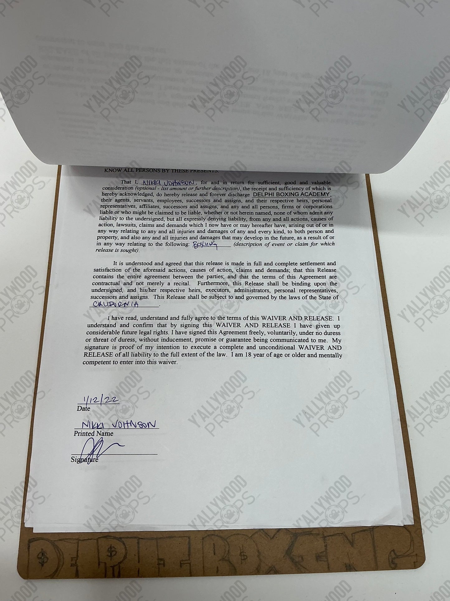 Liability Waiver Creed III (2023) Wardrobe Y'allywood Props