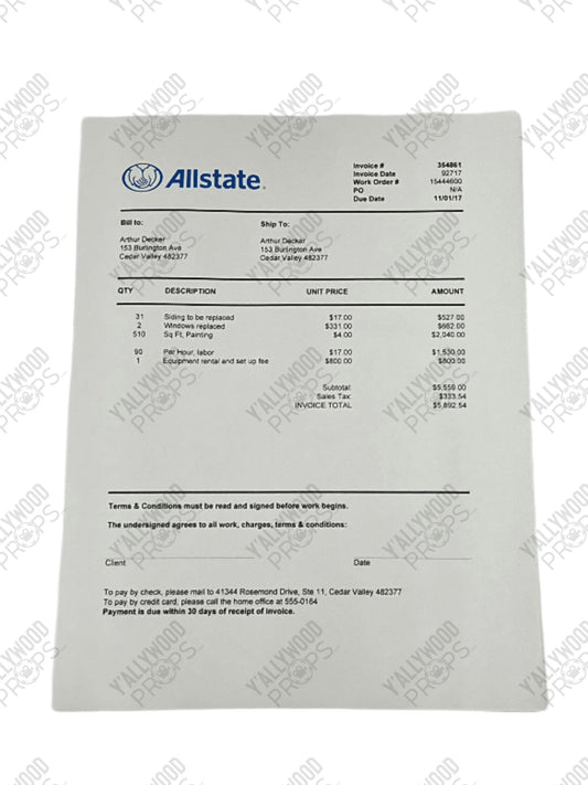 Aurthur Decker's Insurance Claim The War with Grandpa (2020) Movie Prop Y'allywood Props Allstate Not Signed