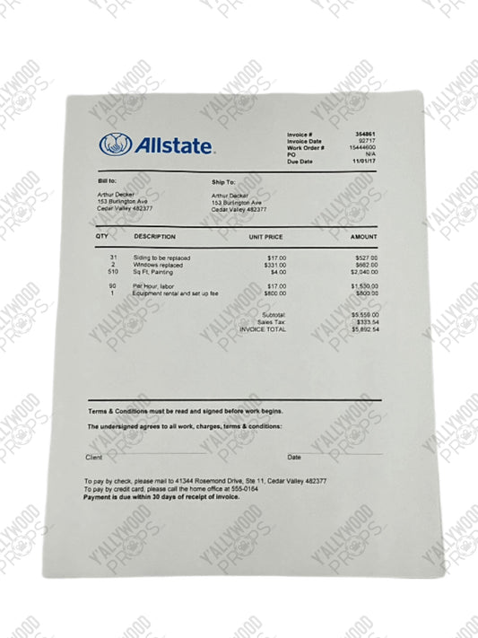Aurthur Decker's Insurance Claim The War with Grandpa (2020) Movie Prop Y'allywood Props Allstate Not Signed